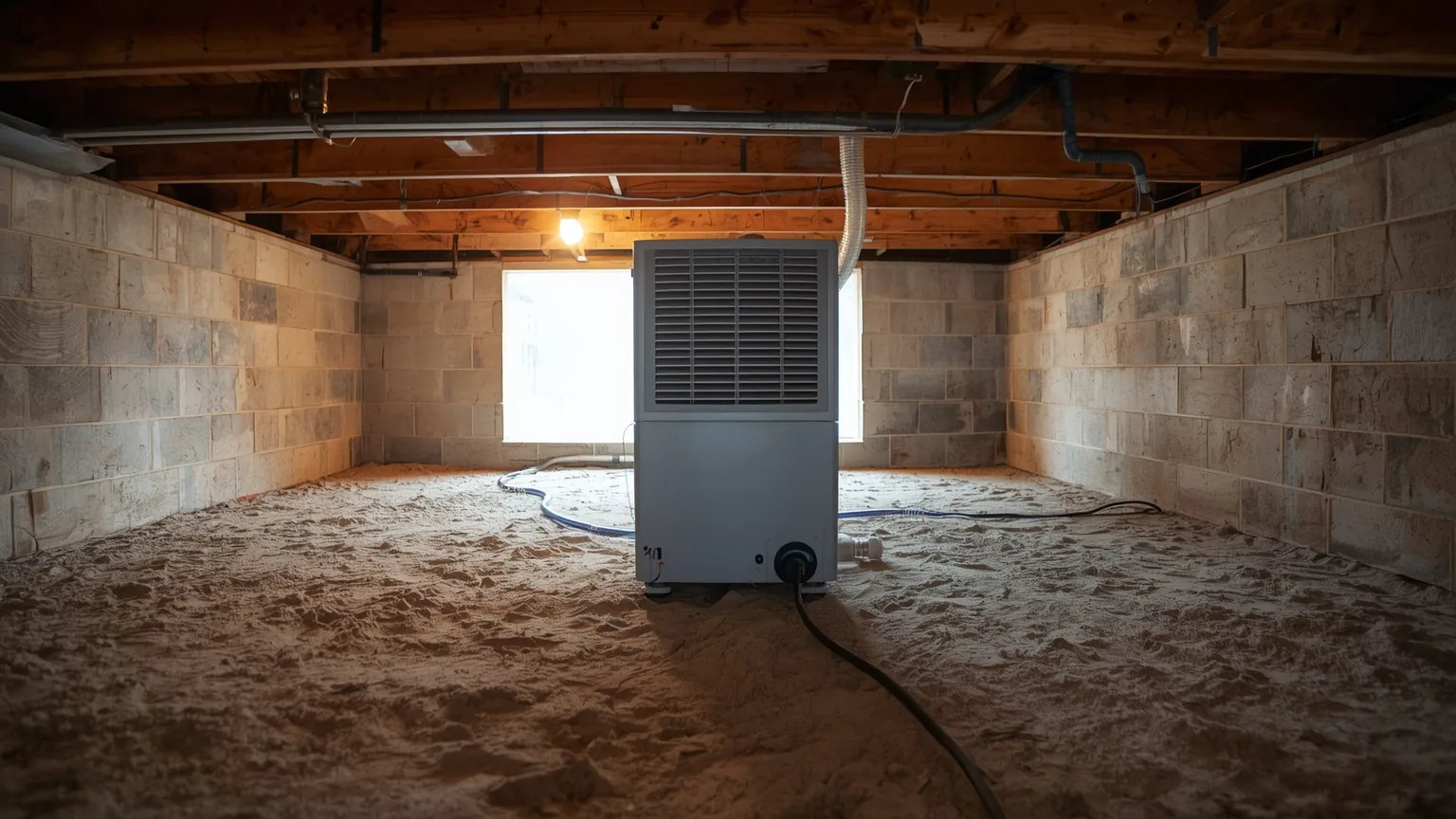 Crawl space dehumidifier standing on sealed liner with a condensate hose running to a pump
