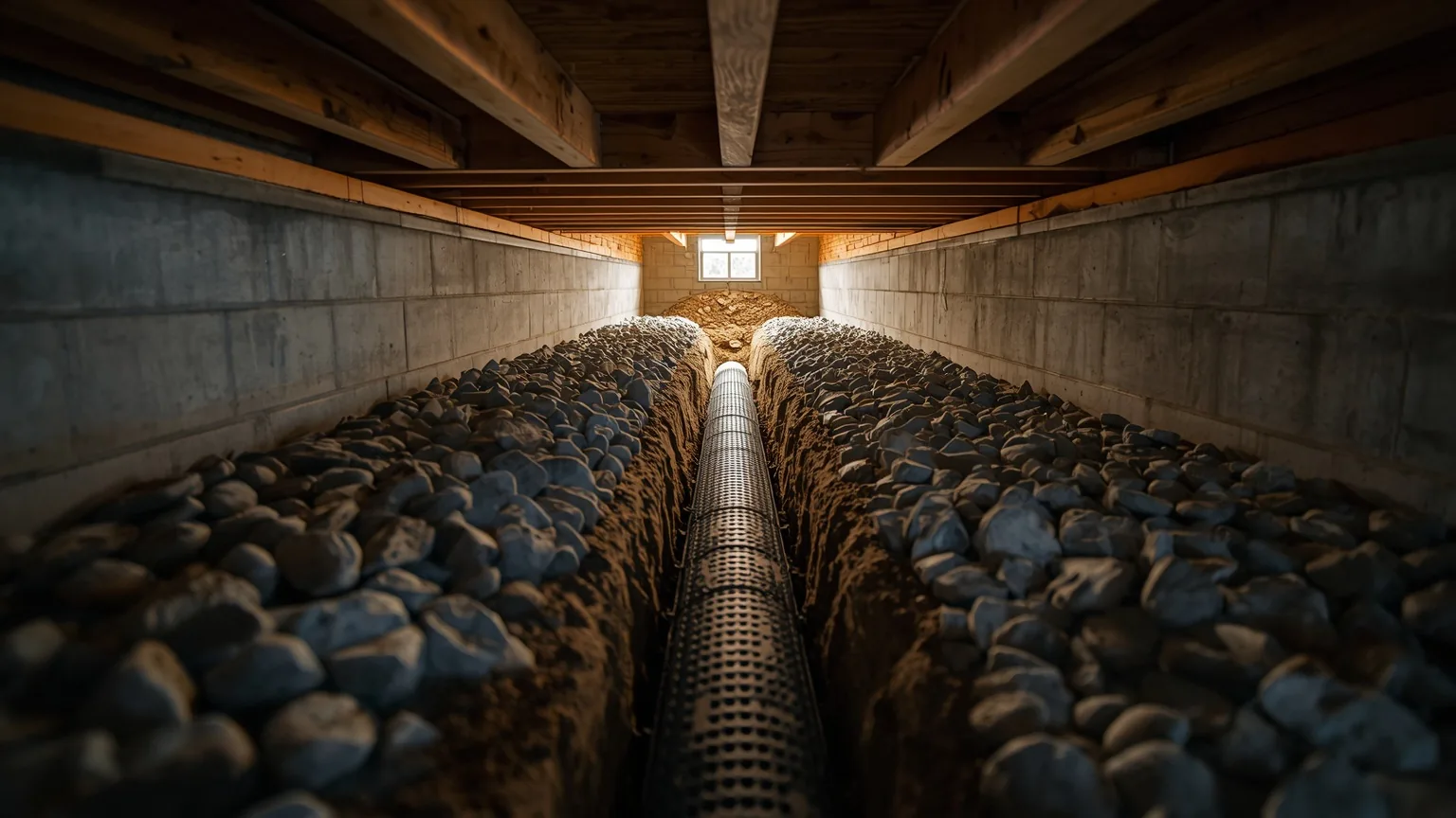 Perforated drainage pipe bedded in washed stone along a crawl space foundation wall