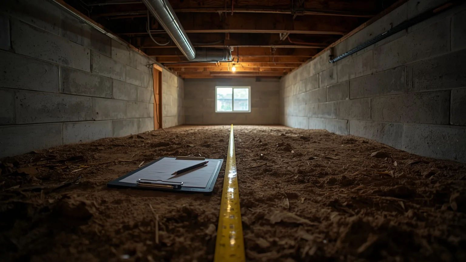 Tape measure extended across the bare earth floor of a crawl space beside a clipboard