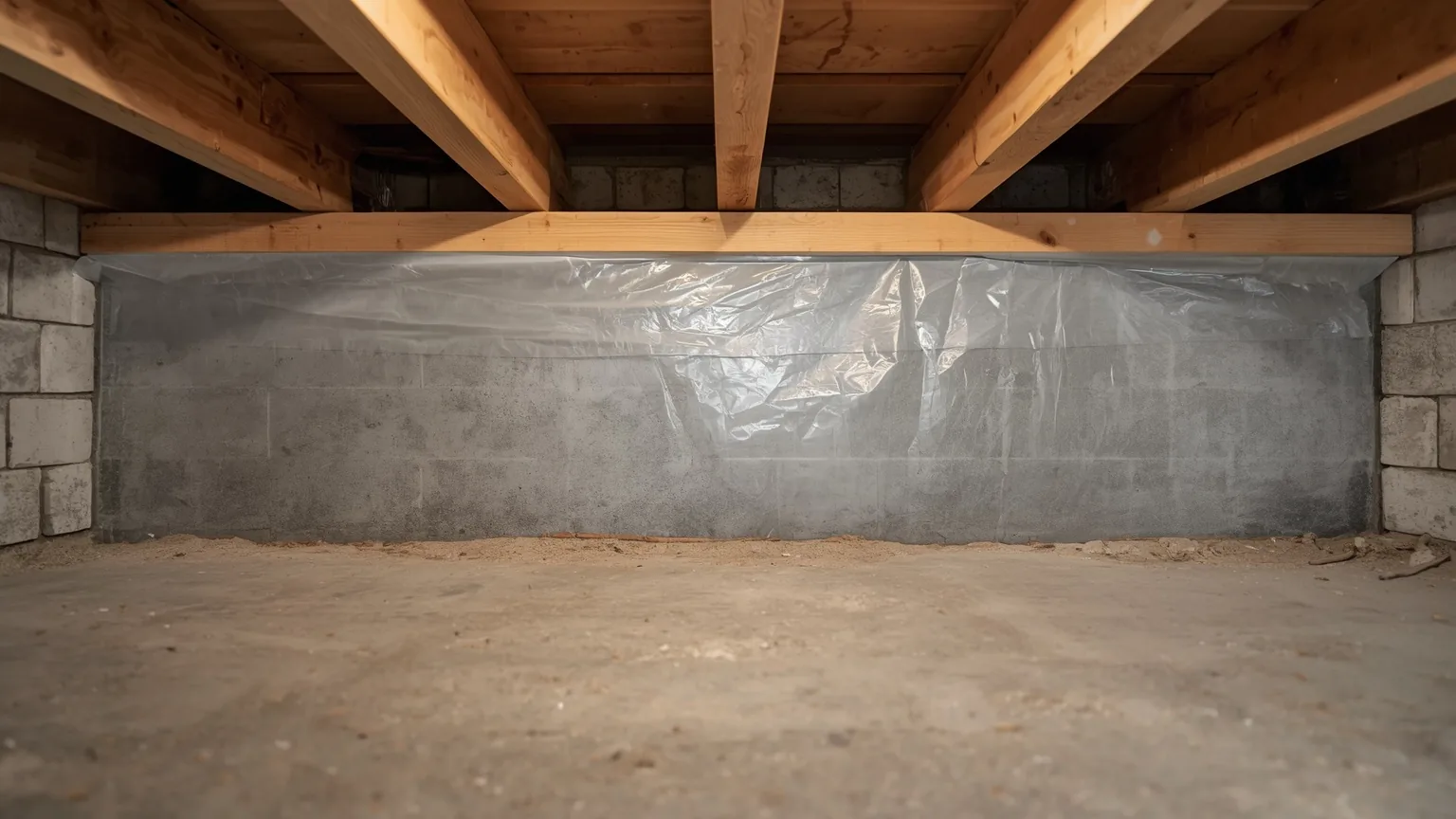 Crawl space wall liner stopped below the sill plate leaving the termite inspection gap Virginia requires