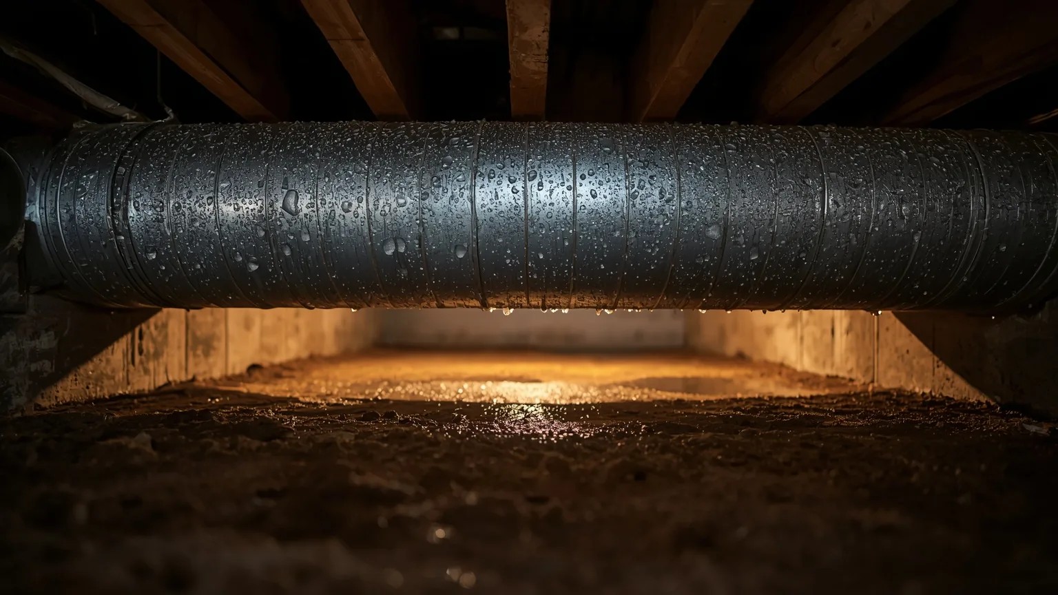 Condensation covering a galvanized metal duct in a crawl space