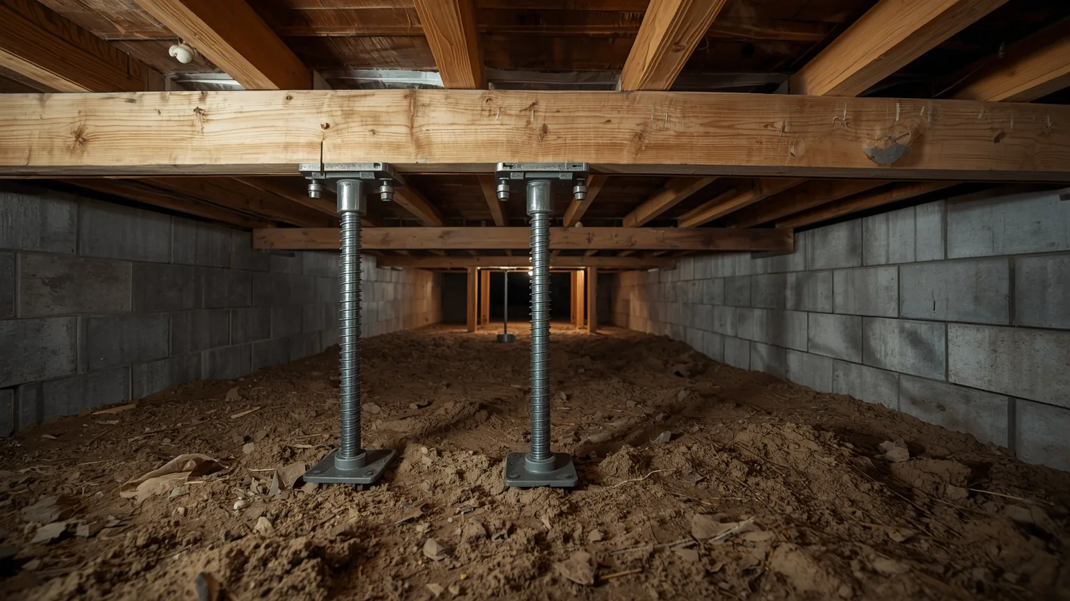 A row of adjustable steel jack posts supporting a beam in a crawl space