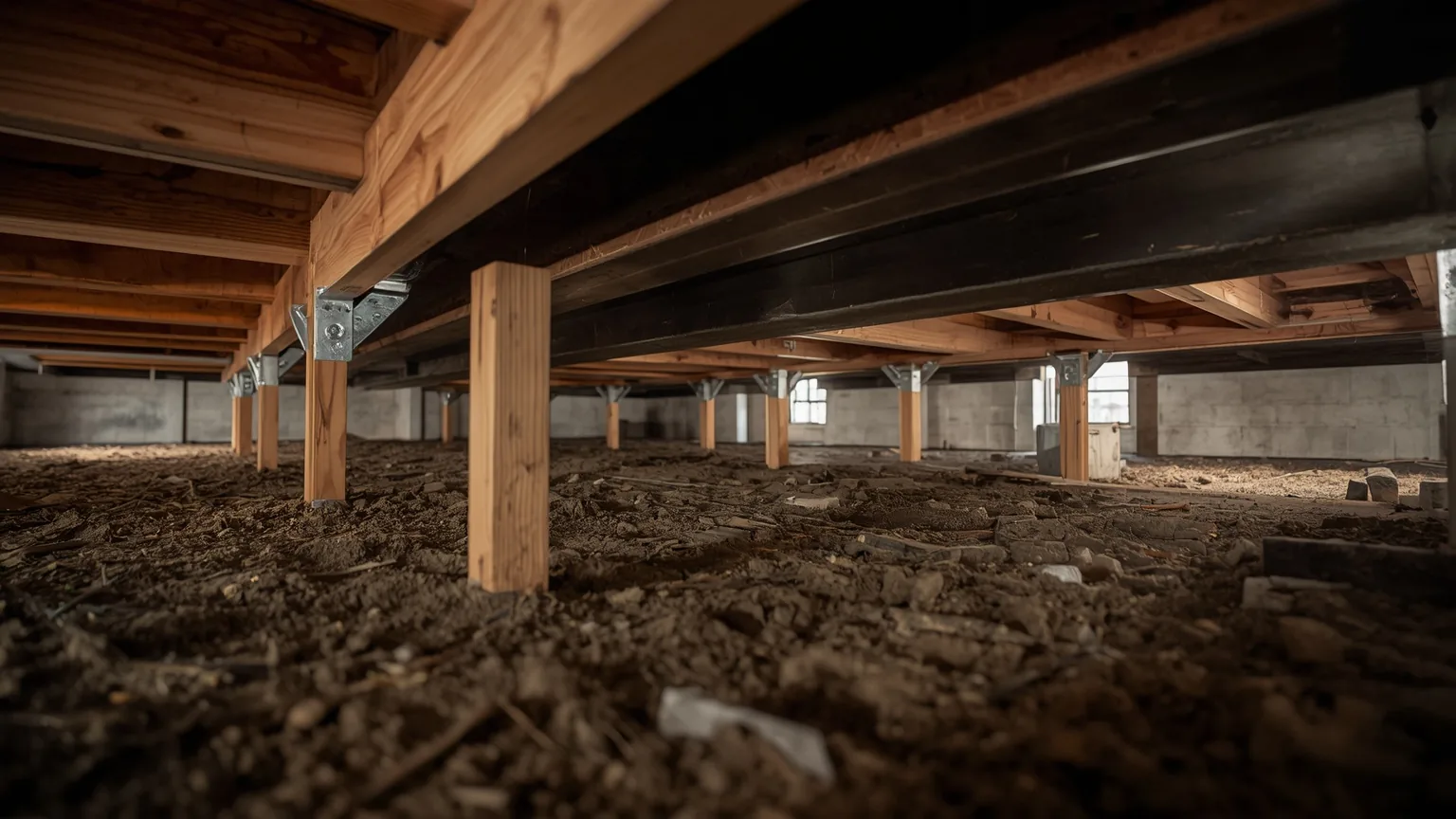 Galvanized steel joist hangers fastening crawl space floor joists to a supporting beam