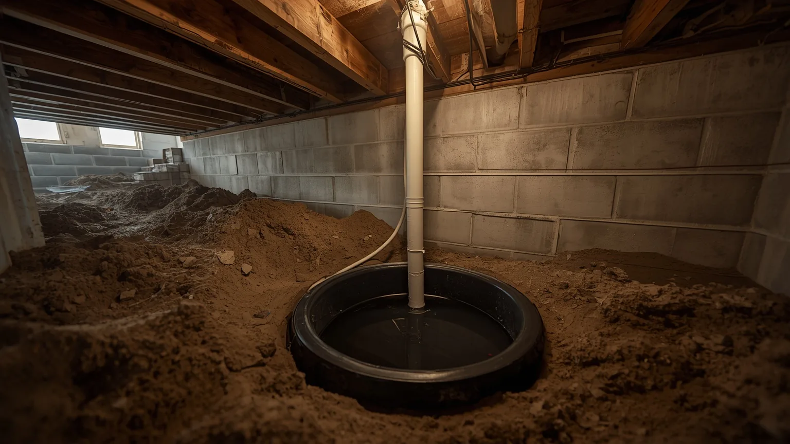Sump basin set into a crawl space floor with standing water and a rigid discharge pipe