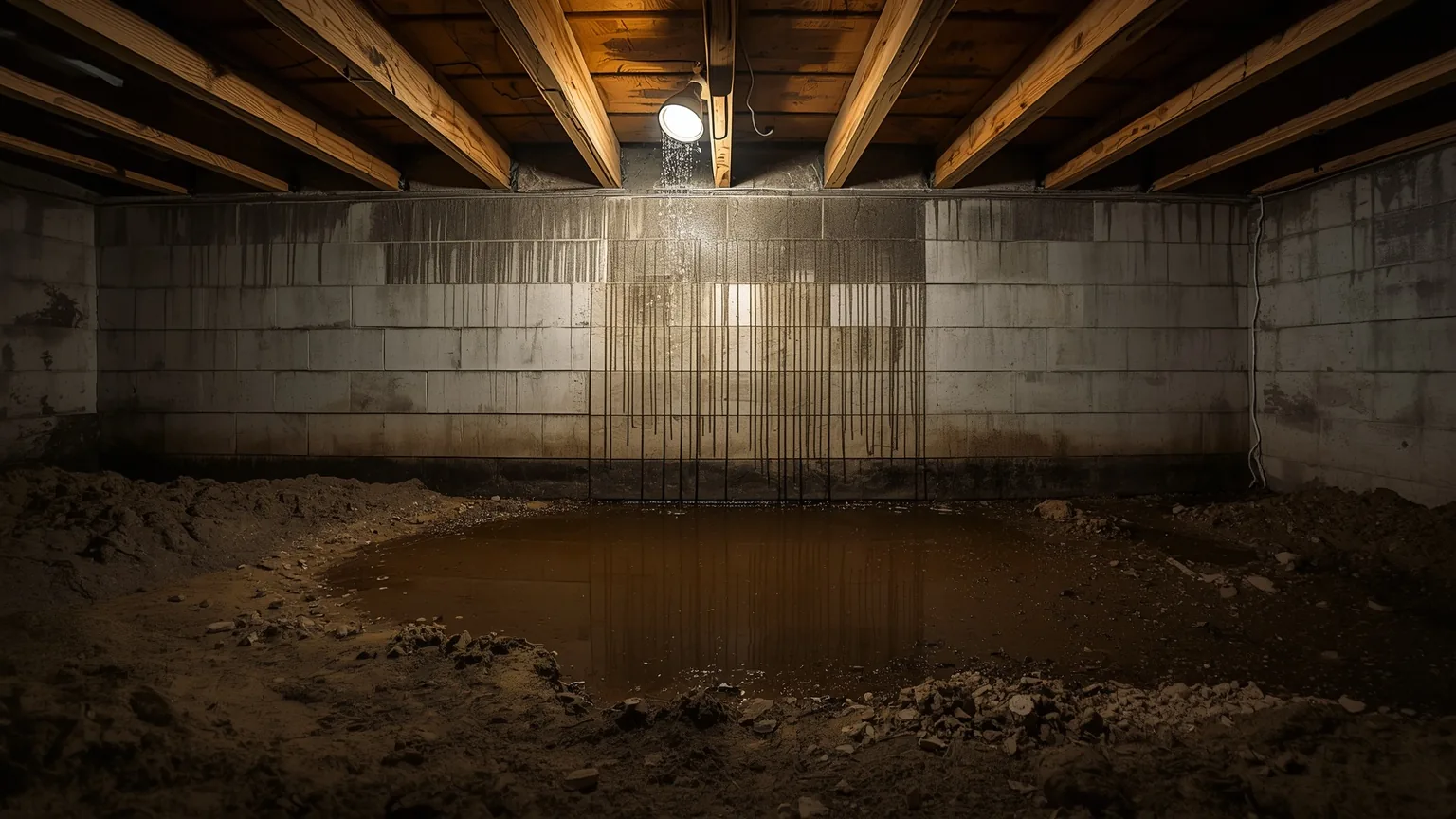 Water running down the inside of a crawl space block wall and pooling on the earth below