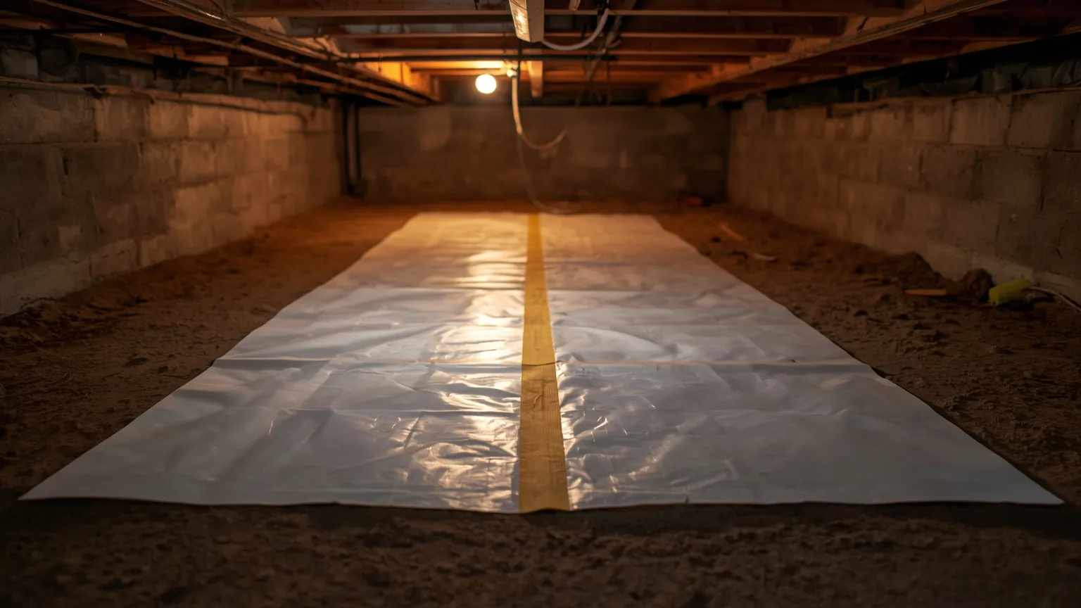 Seam tape sealing the overlap between two sheets of polyethylene on a crawl space floor